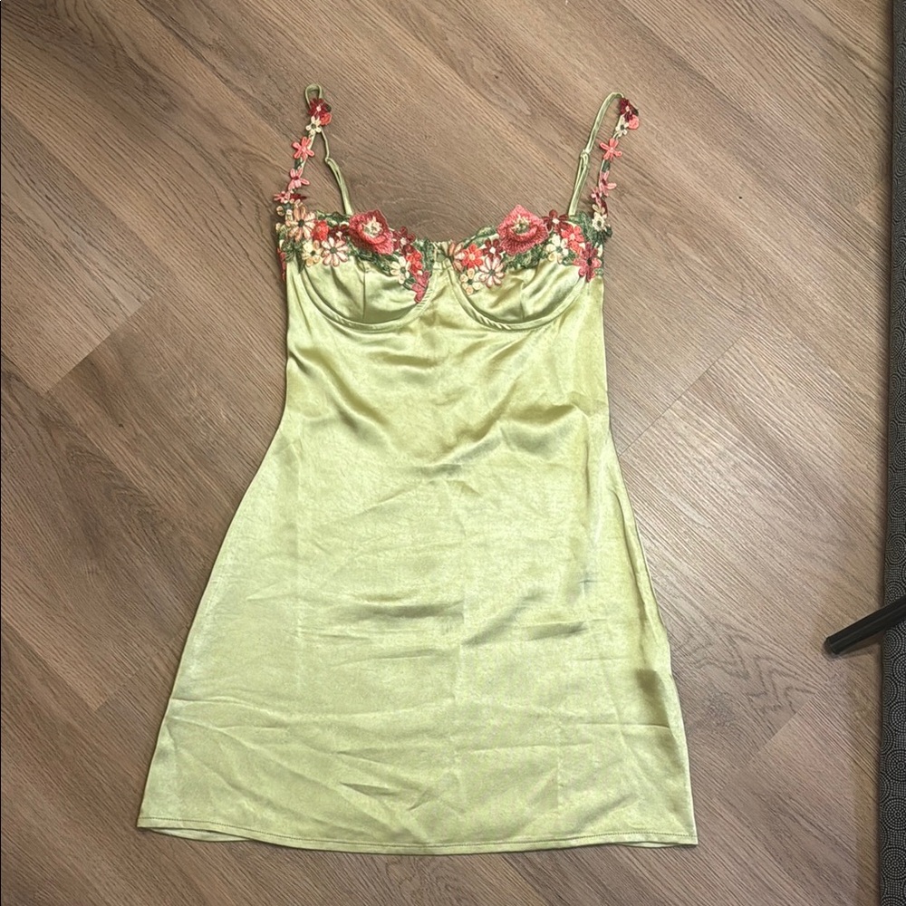 Green Satin Dress with floral appliqué - size 4